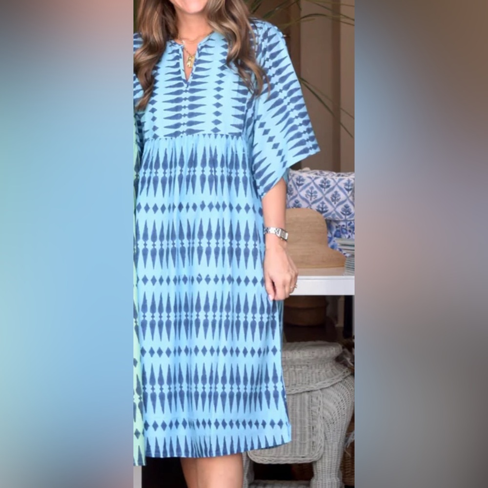 Worn Once - Madison Mathews Midi Dress, Short Sleeve in Blue Geometric Print